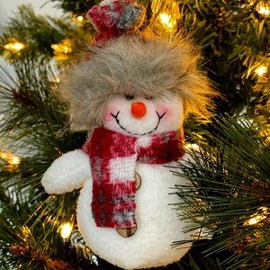 Holiday Time Plush Snowman Christmas Tree Ornament with Plaid Scarf & Hat